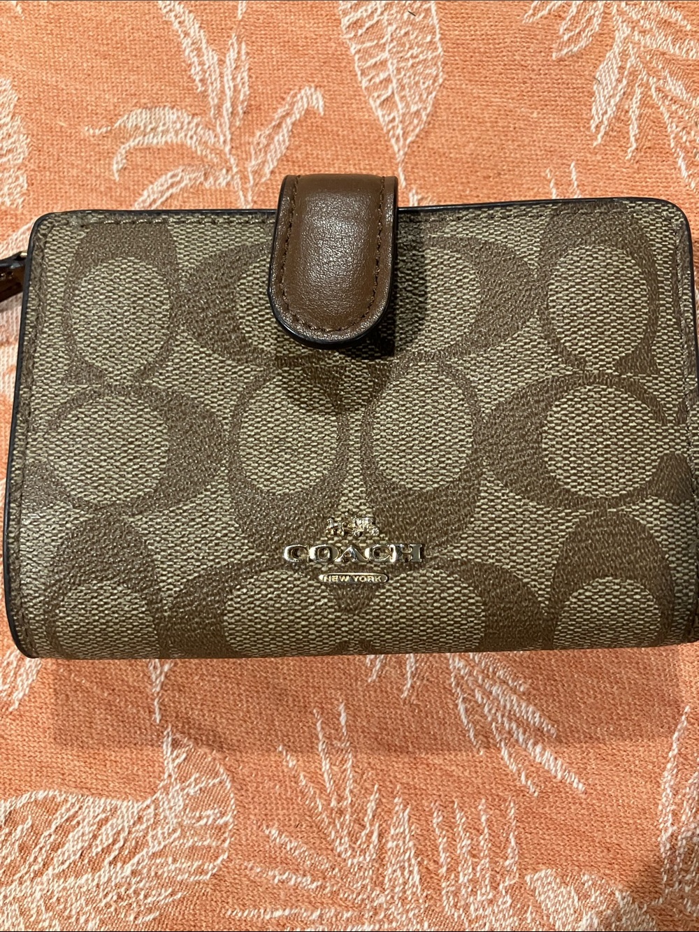 Coach Brown Signature Canvas Compact Wallet with Silver Logo